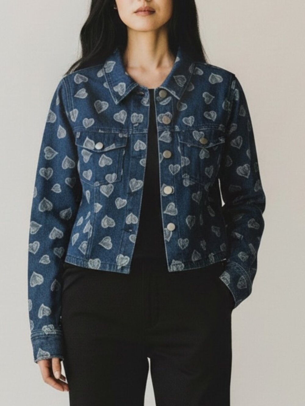 Le Lis Collection NWT Denim Heart Pattern Cropped Jacket XS